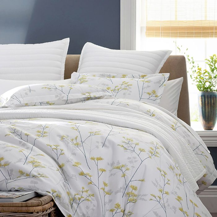 Floral-patterned bedding lies neatly arranged on a bed in a bright room with white pillows, blue walls, and a window with potted plants.