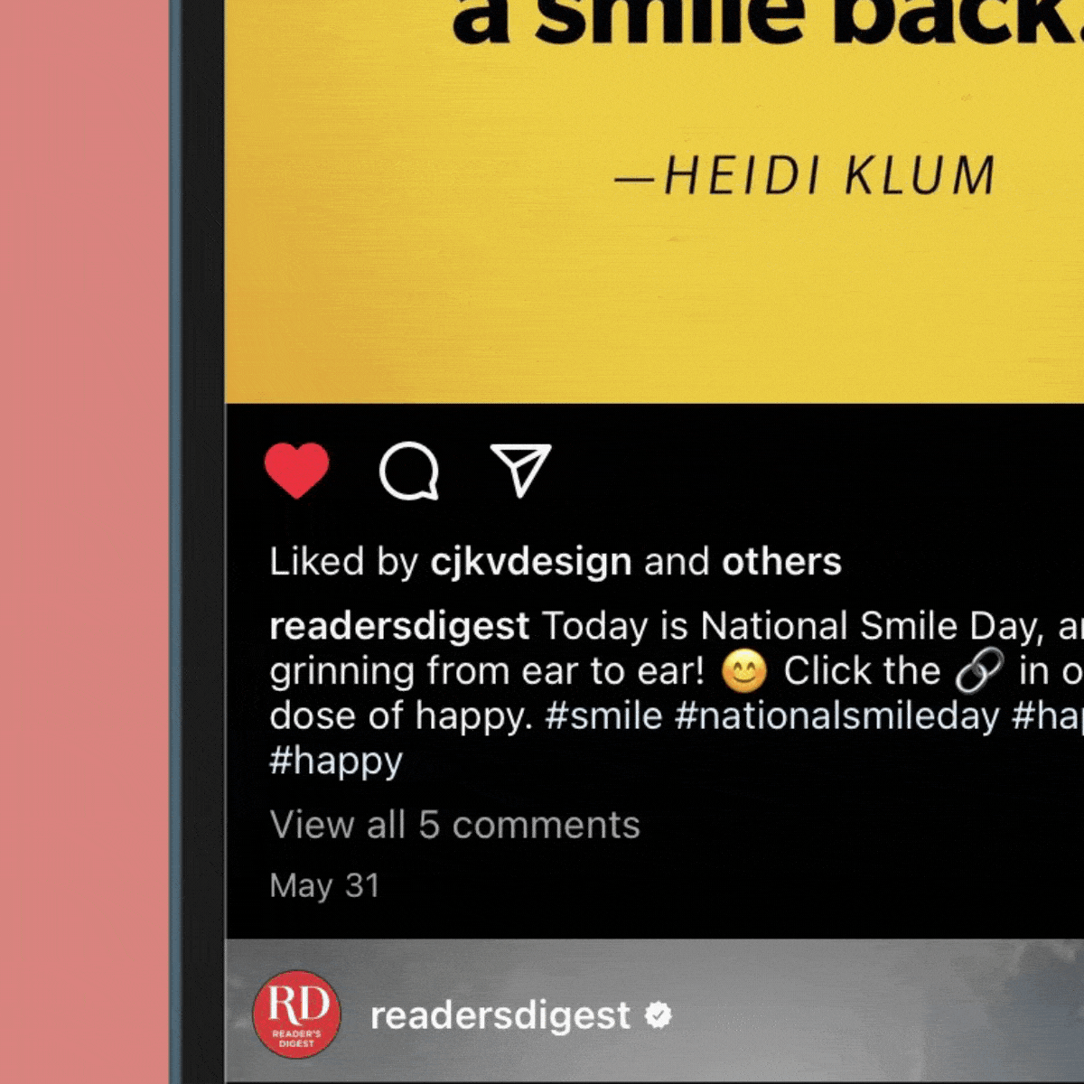 Text quotes Heidi Klum about smiling on a yellow background, with Instagram post about National Smile Day below.
