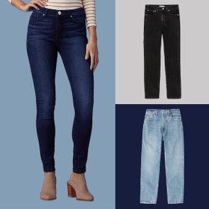 Various jeans displayed; a person models dark blue pair, black jeans lie flat, and light blue jeans also lie flat; neutral backgrounds.