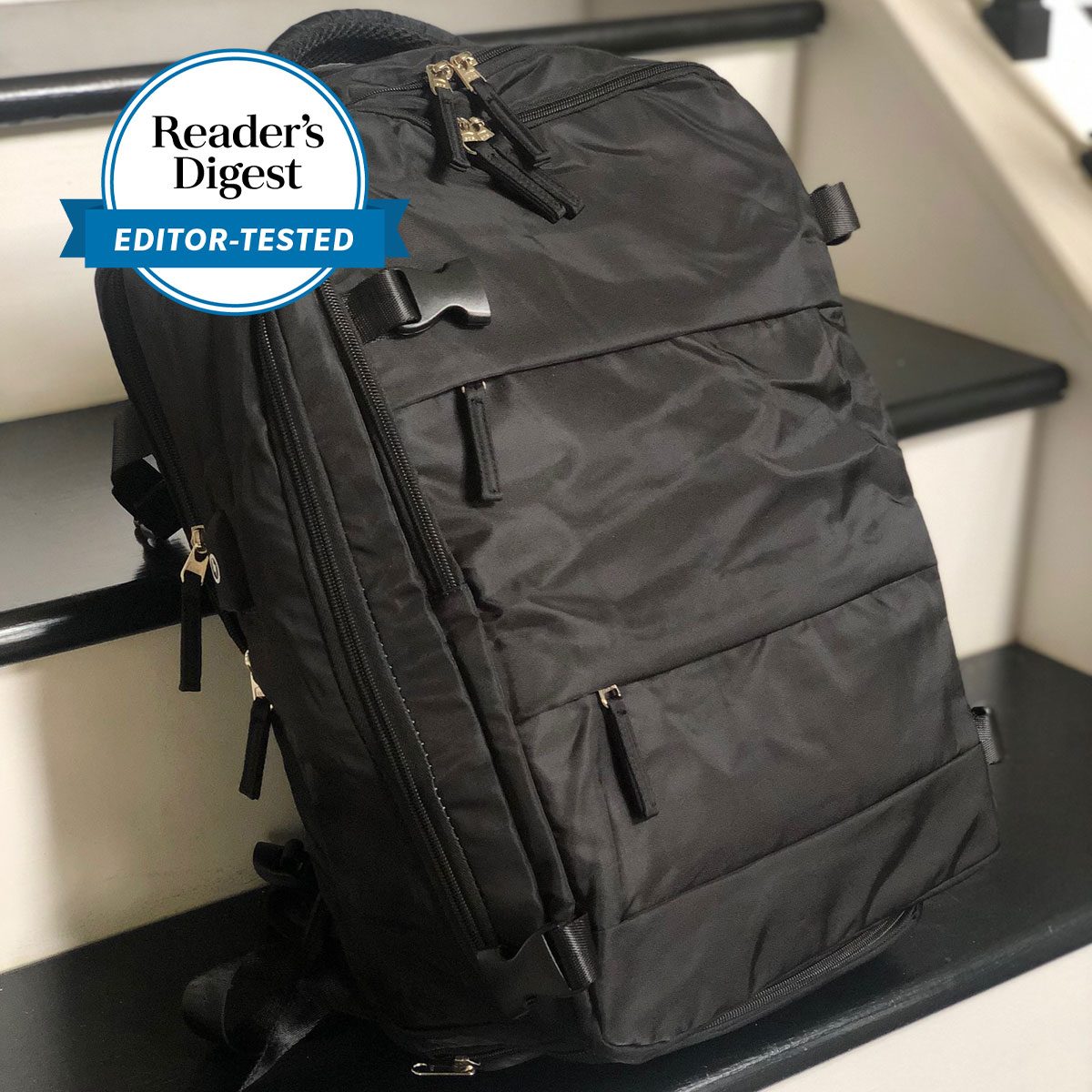 Black Backpack on stairs
