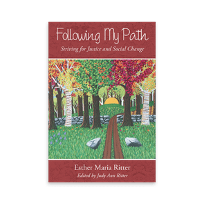 Book cover features a pathway leading through colorful trees, under a setting sun. Text: 