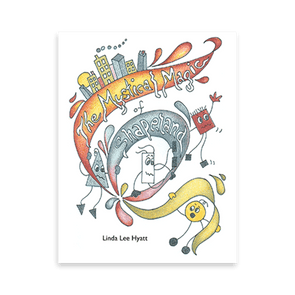 Cartoon shapes animate vibrant cover; buildings and swirling colors backdrop title text 
