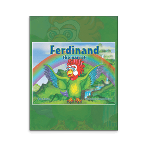 A colorful parrot flies under a rainbow in a lush, green landscape. Text reads 