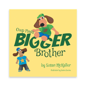Two cartoon dogs sit and stand with playful expressions; text reads 