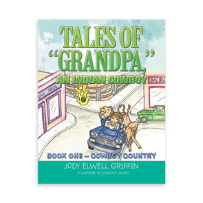 Book cover shows a cowboy riding a bull on a truck in a colorful town. Title: 