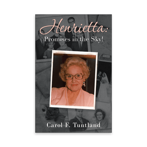 A book cover features a portrait of a smiling elderly woman centered over a collage of vintage photographs, titled 
