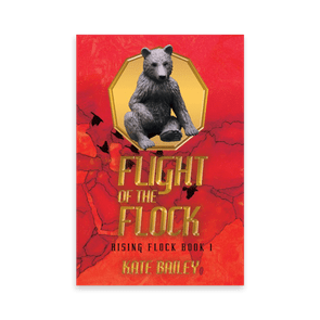 A bear sits inside a hexagon, surrounded by a red background with flying birds. Text: 