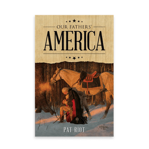 A man kneels in snow beside a saddled horse in a forest. Text reads 