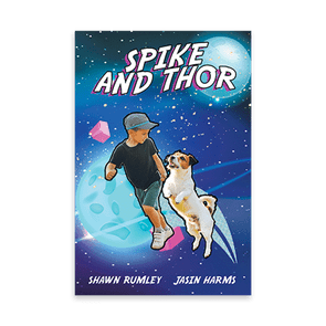 A boy and a dog float happily in space, surrounded by planets. Text: 