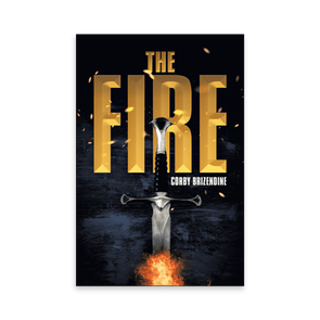 Sword extends from bright flames; bold text 