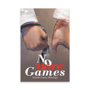 Handcuffed hands hold gun; background is a textured surface. Text reads 