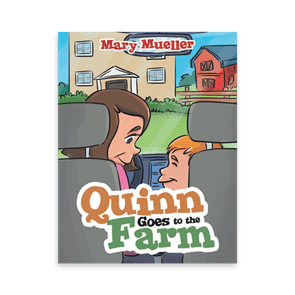 Two children sit in a car, looking outside at a farm with buildings. The book title is 
