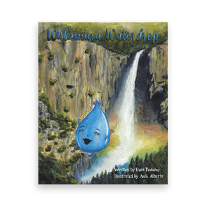 A smiling waterdrop character descends while a waterfall flows over rocks amidst a lush green landscape. Text: 