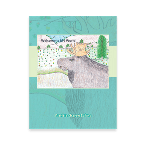 Moose stands calmly, surrounded by trees and mountains, with text 