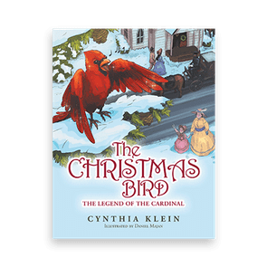 A red cardinal flies above snow-clad town, people in period clothing below. Text: 