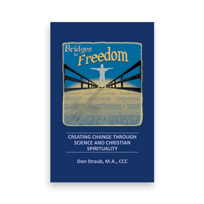Book cover shows a person with open arms on a bridge, surrounded by positive words, titled 