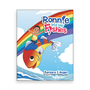 A child joyfully rides a colorful fish under a rainbow against a blue sky. Text reads: 