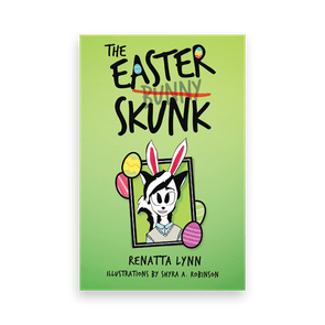 A skunk wears bunny ears, framed with colorful eggs on a green book cover titled 