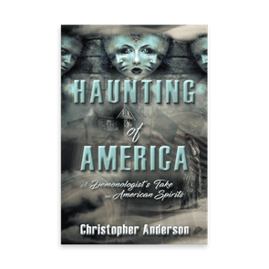 Book cover shows eerie faces and haunted house; text reads, 