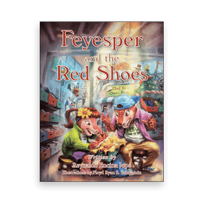 Anthropomorphic animals examine a glowing object inside a cozy, colorful room filled with shoes. Text: 
