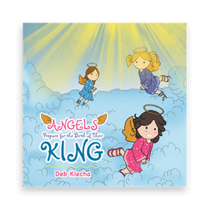 Angels hover among clouds under sunbeams. Text: 