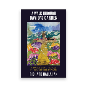 A book cover shows a colorful garden path under a blue sky. Text reads: 