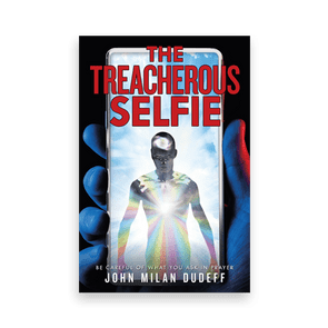 A hand holds a phone displaying a glowing figure with light rays. The cover text reads: 