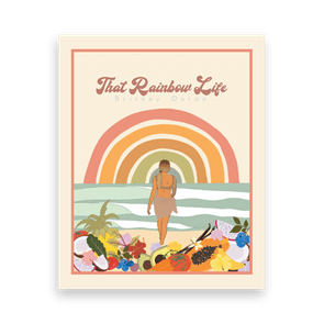 A person walks towards the ocean with a rainbow overhead, surrounded by tropical fruits and plants. Text: 