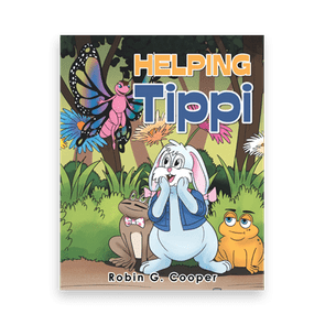Rabbit sits happily with a frog and toad in a colorful forest, watching a vibrant butterfly. Text: 
