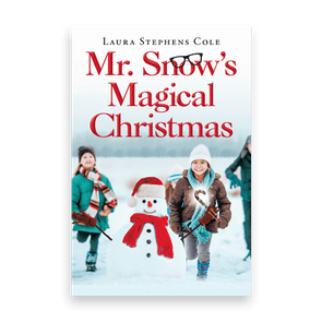Snowman wears festive hat, scarf, being admired by children in snowy field. Text reads: 