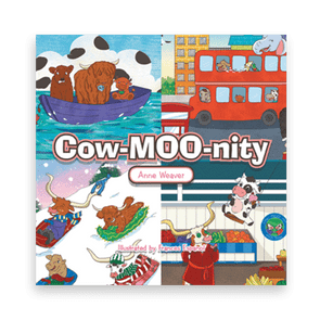 Cartoon cows engage in various activities: boating, bus riding, sledding, market shopping. Title 