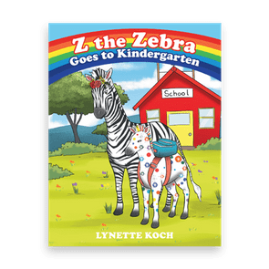 Zebra wears a backpack, standing in front of a red school building, surrounded by trees and a rainbow in the sky.