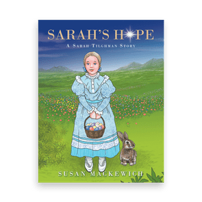Girl holding egg basket, standing in field with flowers and rabbit; hills and sky in background. Text: 