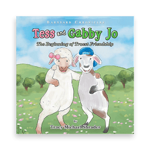 Two sheep cuddle in a grassy field beneath a blue sky. Text: 