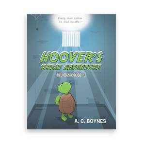 A green turtle walks towards light shining through bars in a shadowy corridor. Text: 