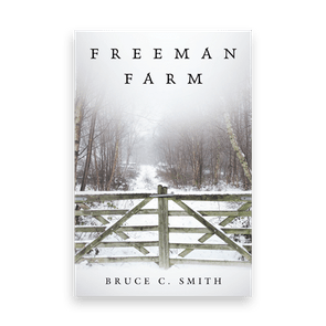 Gate stands closed amid snowy path and bare trees. Text: 