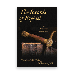 A sword rests on a Bible, set against a black background. Text reads: 