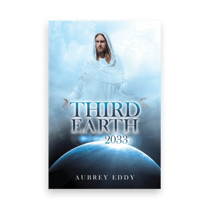 A person in white robes stands among clouds; below, 