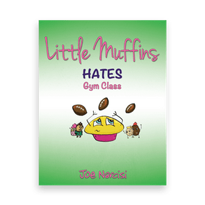 A sad muffin dodges footballs, flanked by cartoon characters in a green, gradient background. Text: 