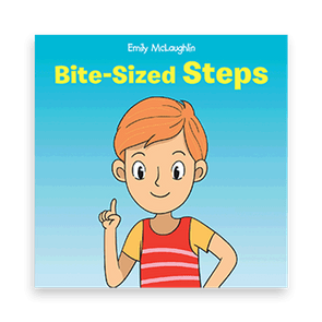 Character pointing with a confident expression; red-haired child wearing a striped shirt on a blue book cover titled 