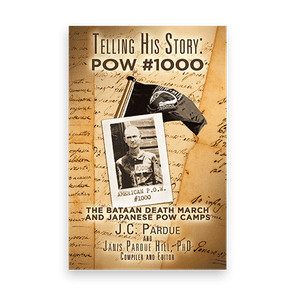 Book cover features a portrait of a POW, with a black flag behind, on a background of handwritten text. Text: 