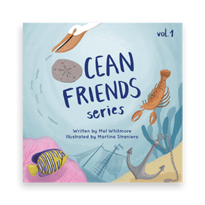 A cartoon pelican, sand dollar, lobster, and fish surround 
