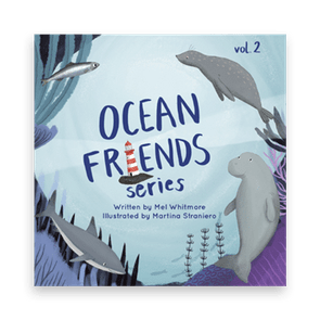 Marine animals swim underwater with plants; a colorful book cover reads 