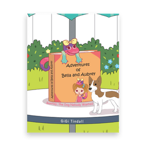 Book rests on carousel, featuring a toy snake, dog, and illustrated girl in garden. Text: 