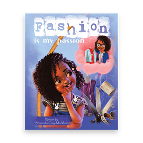 Young girl imagines designing clothes, surrounded by sewing tools; text reads 