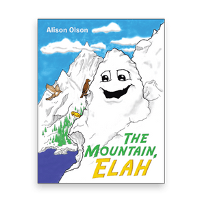 Smiling mountain displays face with birds around; forest and river fill the background. Title: 