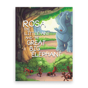 Book cover features ants interacting near a giant elephant in a lush forest. Title reads 