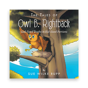 An owl perched in a tree looks outward; colorful forest surrounds under a bright sky. Text reads: 