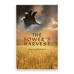 A giant hand emerges from dramatic clouds above a golden wheat field; text reads, 