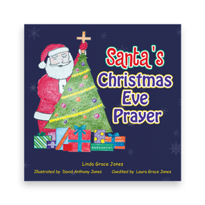 Santa holding a decorated Christmas tree, surrounded by gifts, against a dark background. Text reads: 